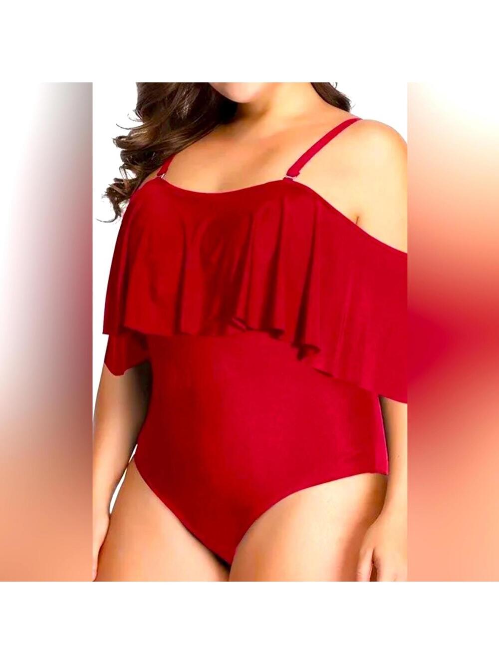DACI flounce ruffle accent solid RED womens one piece swimsuit New